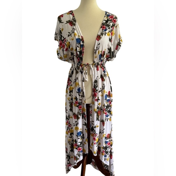 Time and Tru White Multicolor Floral Short Sleeve Tie Hi Low Hem Duster Size M - Picture 1 of 10